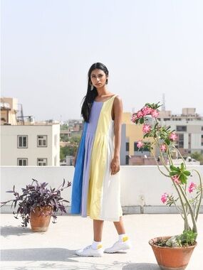Colorblock Sleeveless Midi Dress in Blue, Lavender, Yellow & White